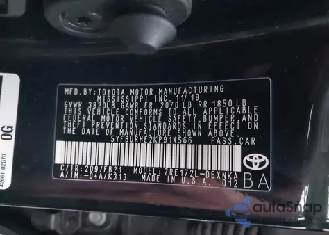 2019 Toyota Corolla Le from USA, damaged, VIN 5YFBURHE2KP914566